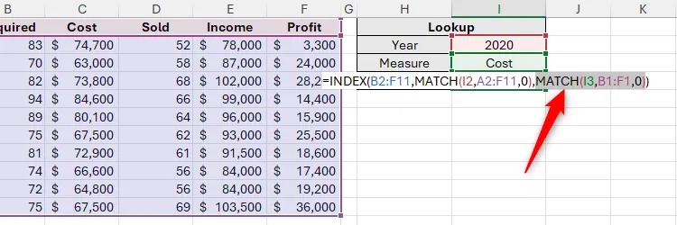 Đối số MATCH được chọn trong công thức INDEX lồng ghép trong Microsoft Excel.