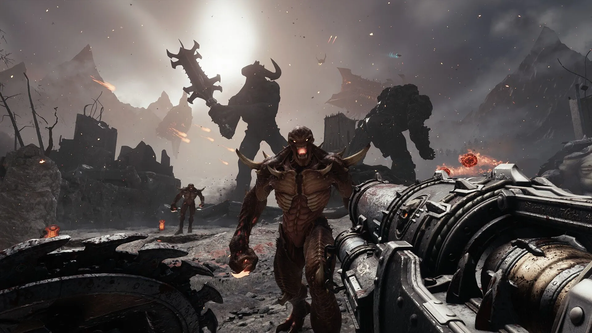 DOOM Slayer đối mặt với quỷ dữ trong bối cảnh chiến đấu tốc độ cao, biểu tượng cho thử thách Ultra Nightmare