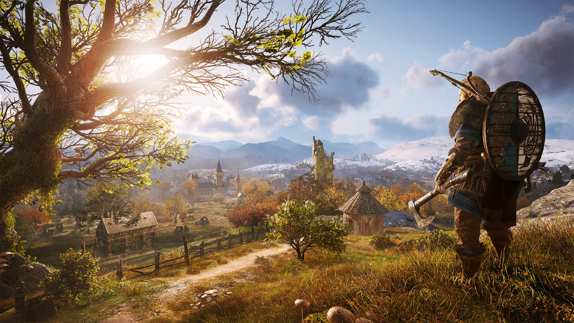 Eivor Wolf-Kissed với chiếc rìu trong Assassin's Creed Valhalla, bối cảnh vùng quê nước Anh thời Viking