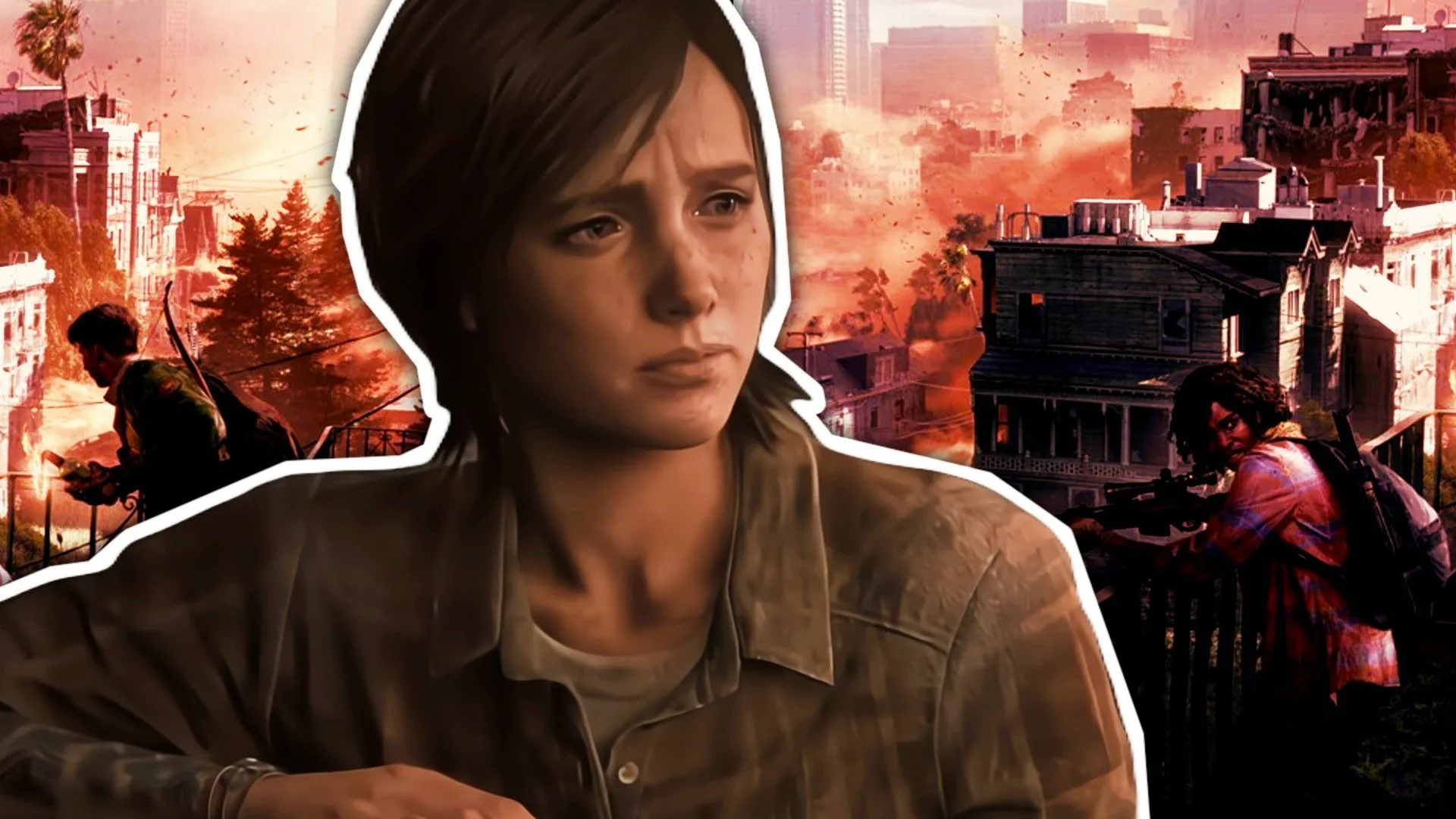 Ellie từ The Last of Us trước hình ảnh nền của hai nhân vật trong Factions