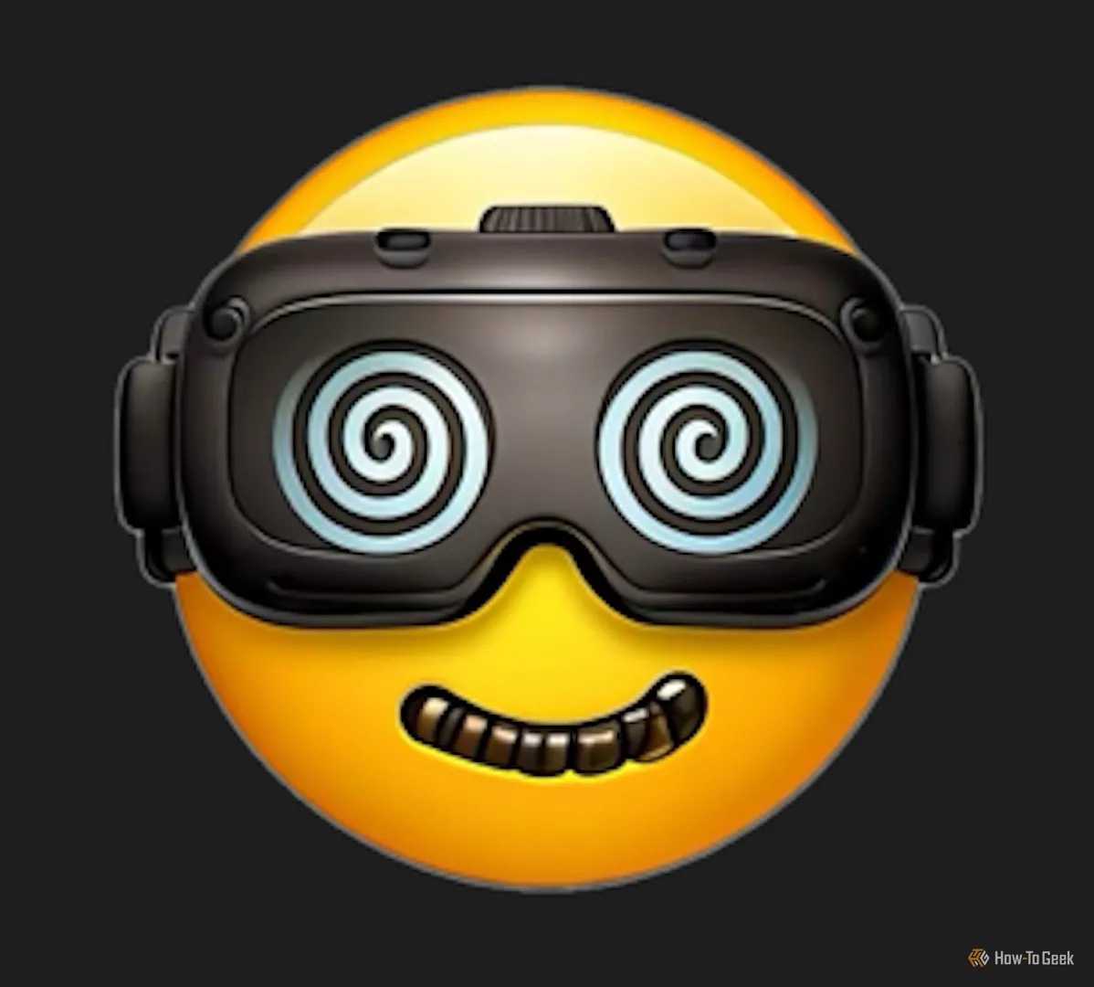 Emoji khuôn mặt đội tai nghe VR với răng kỳ lạ do Genmoji tạo ra.