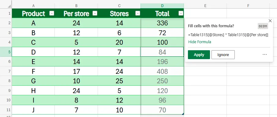 Formula by Example trong Excel cho Web đề xuất công thức nhân các giá trị từ hai cột tương ứng.