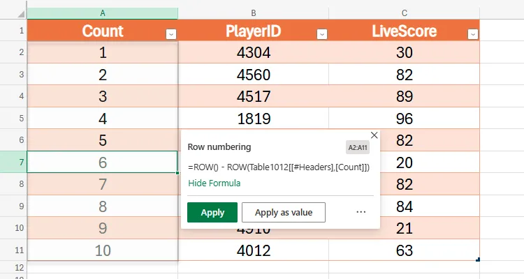 Formula by Example trong Excel cho Web đề xuất công thức tạo danh sách đánh số thứ tự tự động.