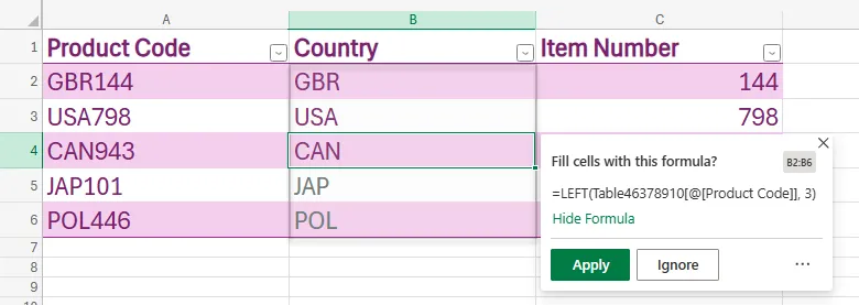 Formula by Example trong Excel cho Web đề xuất công thức trích xuất ba ký tự đầu tiên từ mã sản phẩm.
