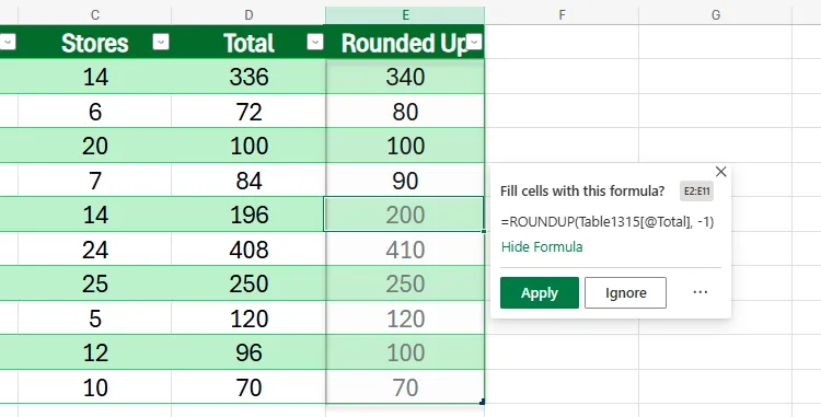 Formula by Example trong Excel cho Web được sử dụng để làm tròn các giá trị lên bội số của 10.