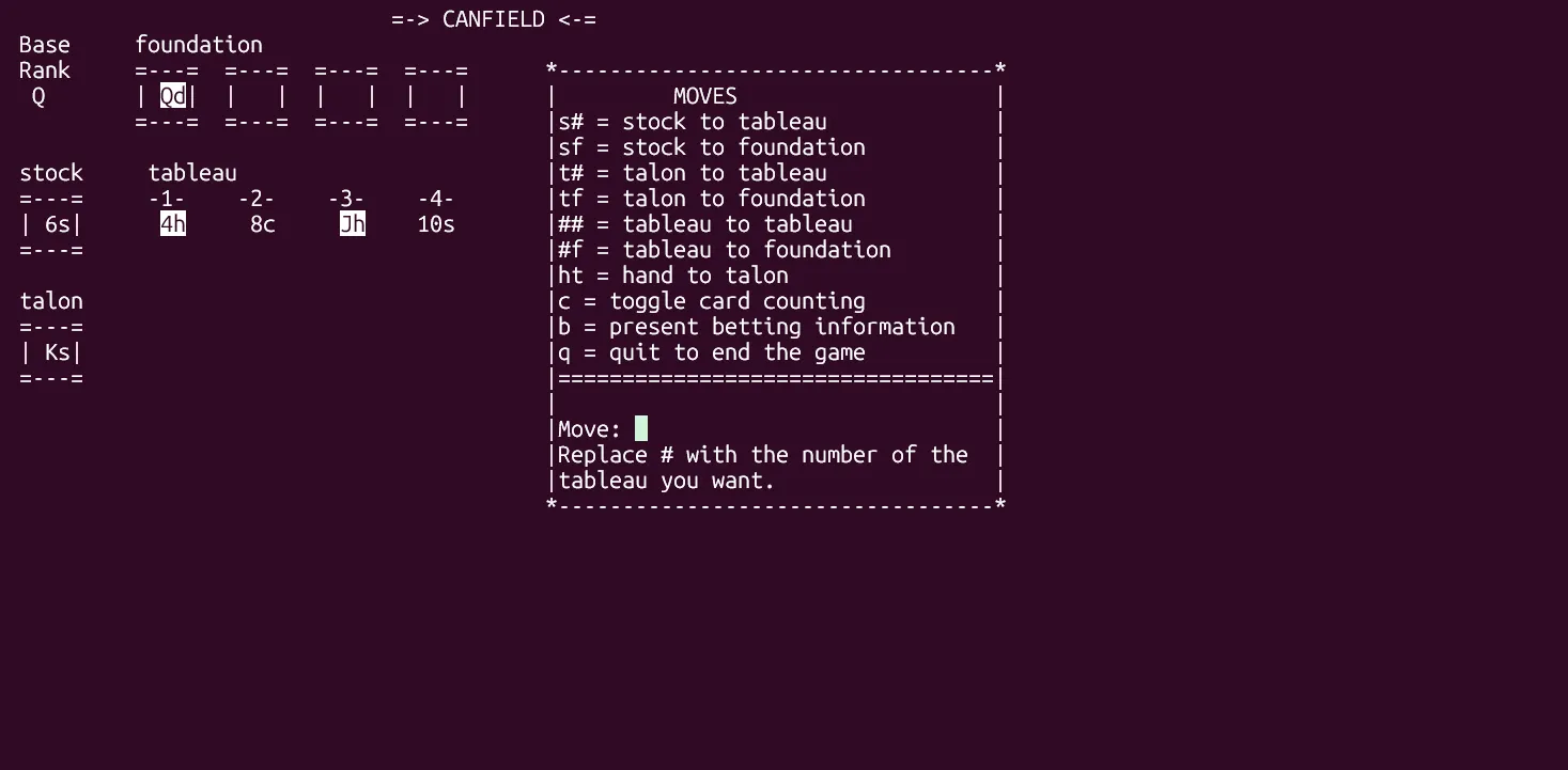 Game Canfield solitaire của BSD đang được chơi trên màn hình terminal.