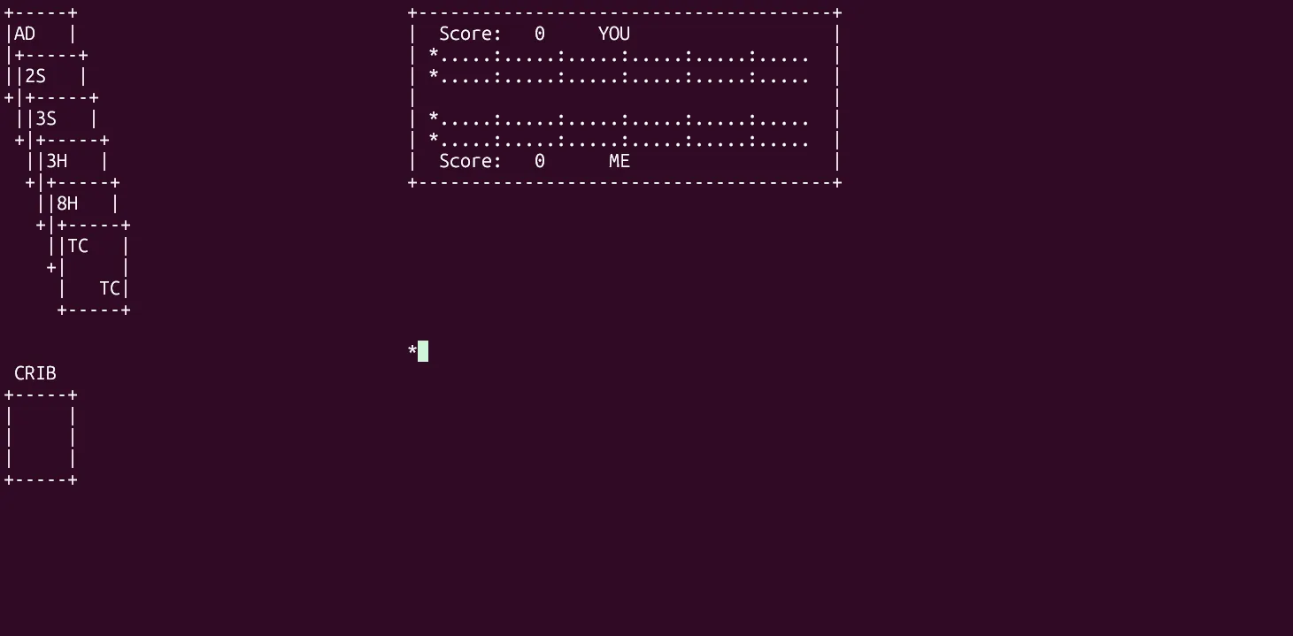 Game Cribbage của BSD đang được chơi với máy tính trên terminal.