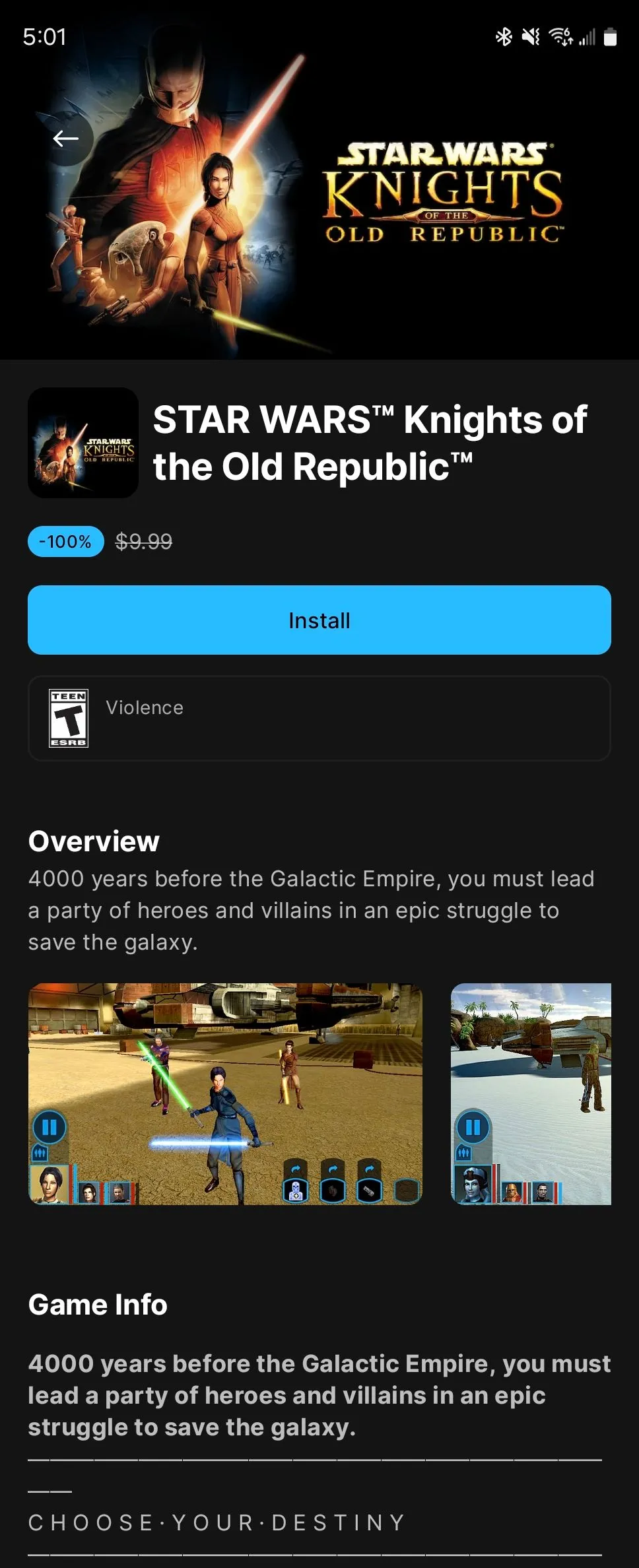 Game Star Wars KOTOR được Epic Games Store tặng miễn phí trên Android
