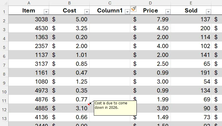 Ghi chú trong Excel vẫn giữ nguyên vị trí mặc định sau khi thêm cột mới vào bên phải, cho thấy việc ghi chú không tự động di chuyển