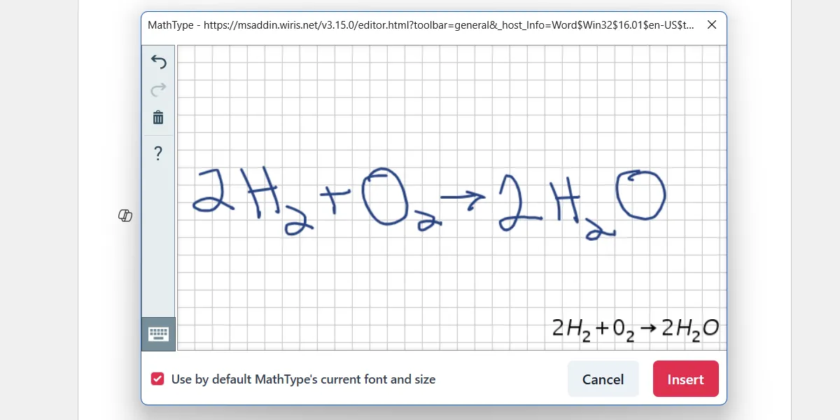 Giao diện add-in MathType để soạn thảo công thức toán học và hóa học phức tạp trên Word.