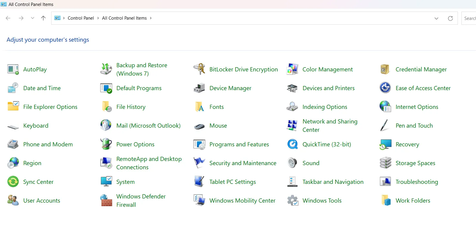 Giao diện Bảng điều khiển (Control Panel) trên Windows 11, hiển thị các tùy chọn cài đặt hệ thống.