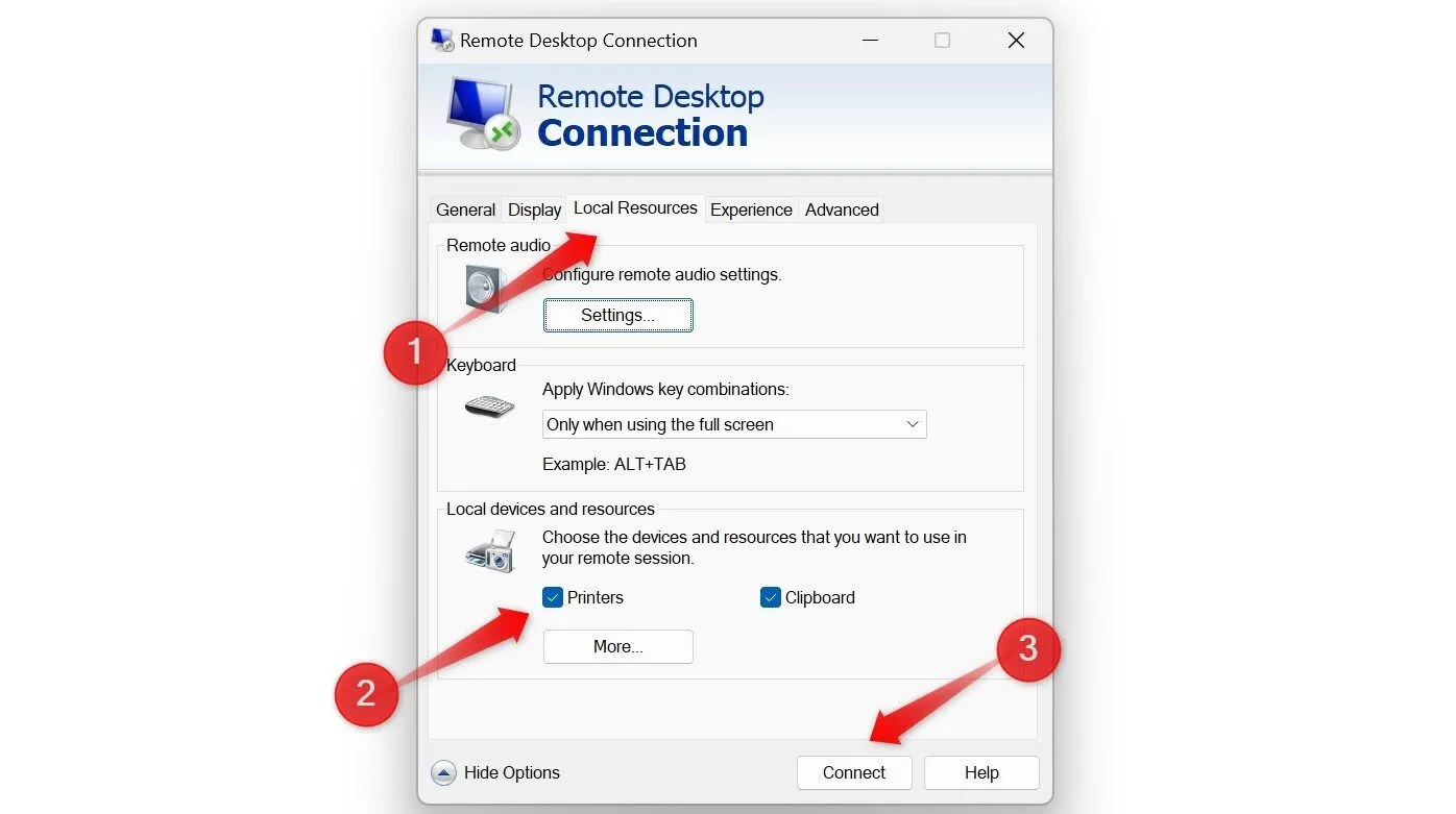 Giao diện cài đặt Remote Desktop Connection, hiển thị tùy chọn Printers được kích hoạt để truy cập máy in từ xa.
