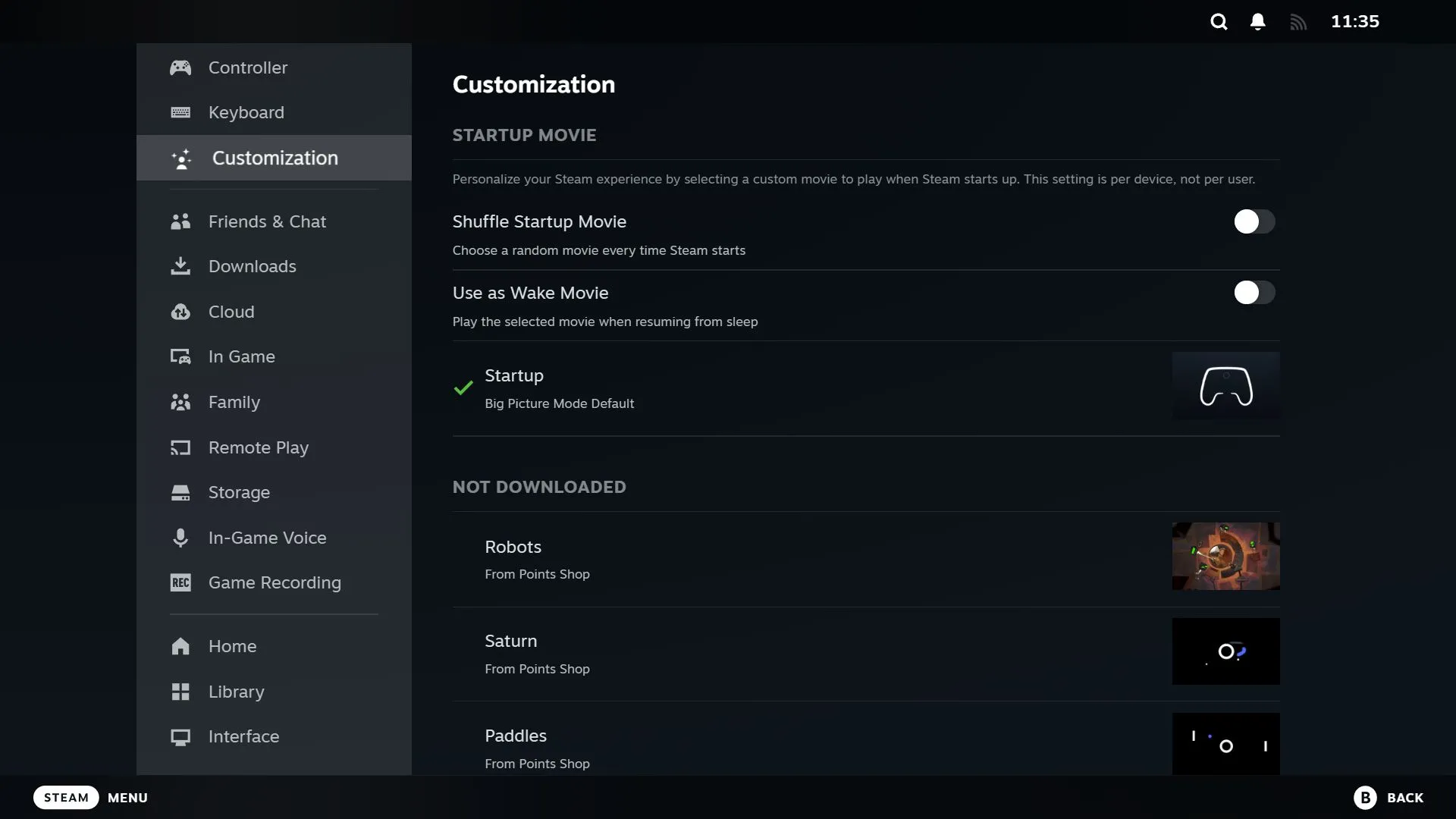 Giao diện cài đặt Tùy chỉnh (Customization) trong Steam, hiển thị các lựa chọn cá nhân hóa.