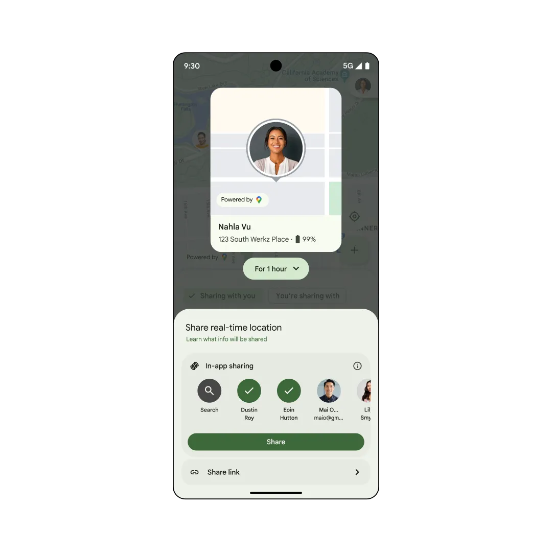 Giao diện chia sẻ và theo dõi vị trí trực tiếp trong ứng dụng Tìm Thiết Bị Của Tôi của Android