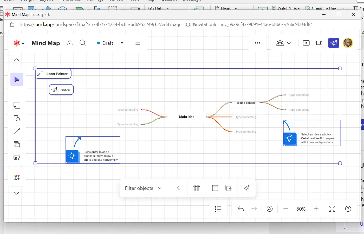 Giao diện công cụ Lucidchart Diagram trong Microsoft Word, cho phép người dùng tạo và chèn biểu đồ trực quan.
