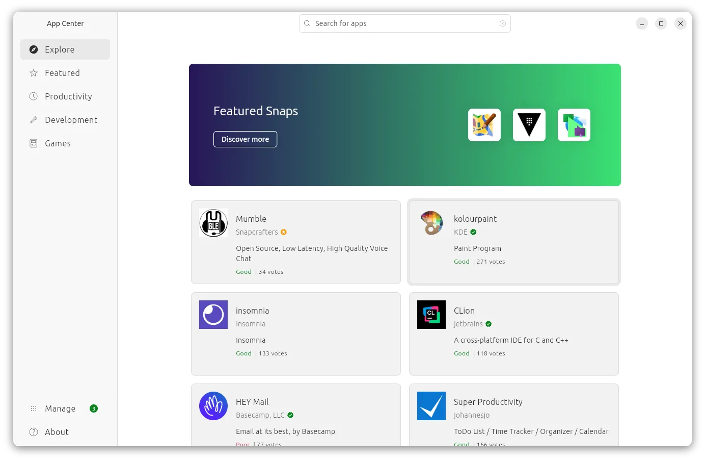 Giao diện Cửa hàng ứng dụng của Ubuntu, hiển thị các ứng dụng có sẵn để cài đặt