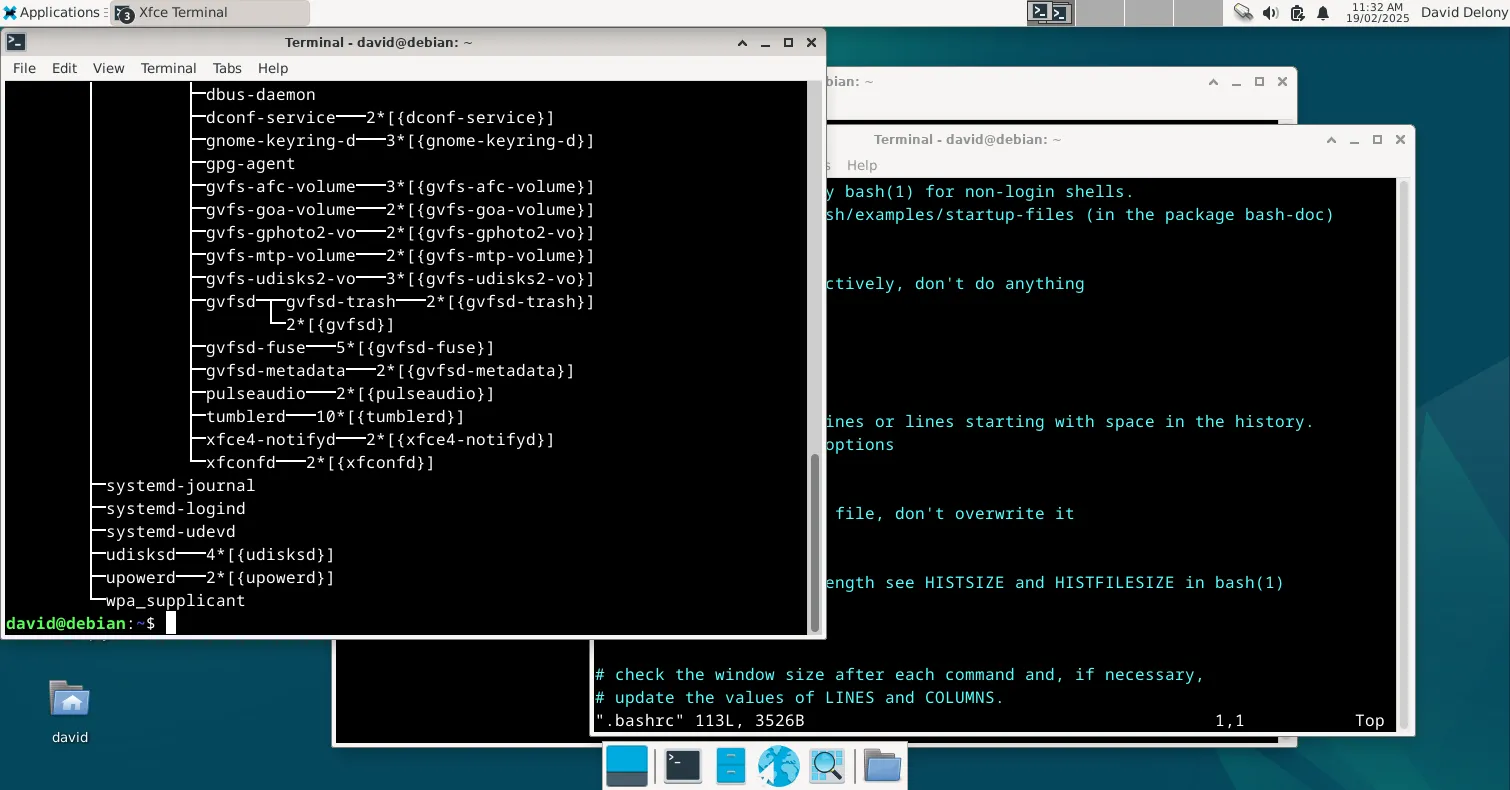 Giao diện desktop Debian với môi trường XFCE, hiển thị nhiều cửa sổ terminal emulator đang chạy, tượng trưng cho sự kế thừa của terminal trên các hệ điều hành hiện đại.