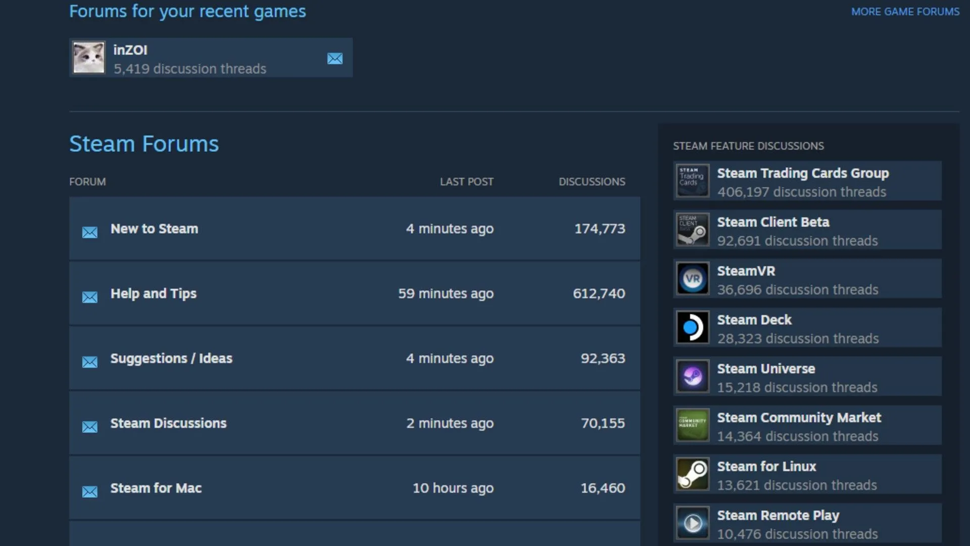 Giao diện diễn đàn Steam của game Inzoi với các chủ đề thảo luận về góp ý và lỗi game