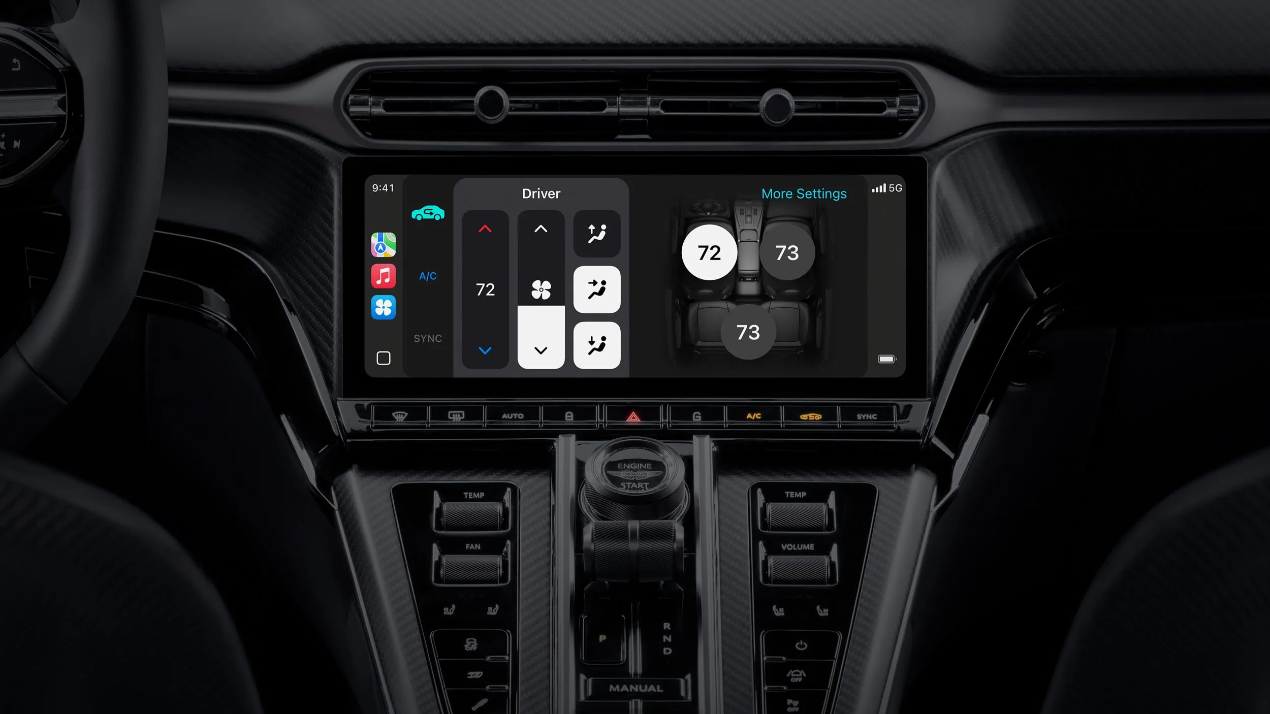 Giao diện điều khiển hệ thống điều hòa tích hợp CarPlay Ultra, hiển thị thông tin nhiệt độ và luồng gió trên cụm đồng hồ.