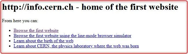Giao diện đơn giản của website đầu tiên trên thế giới của Tim Berners-Lee tại CERN, hiển thị các liên kết hypertext về dự án World Wide Web