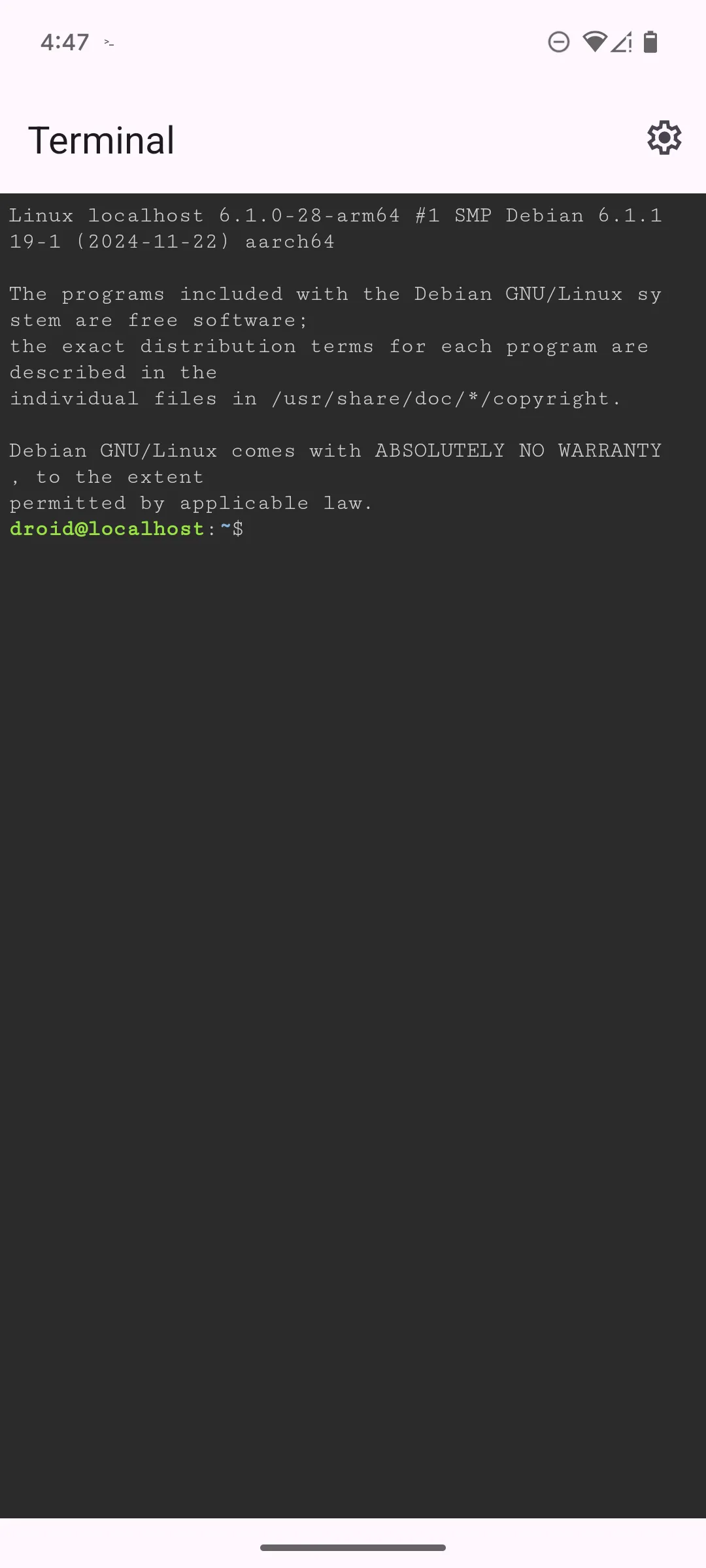 Giao diện dòng lệnh bash trống trong ứng dụng Terminal Linux trên Google Pixel 6, sẵn sàng cho người dùng nhập lệnh.