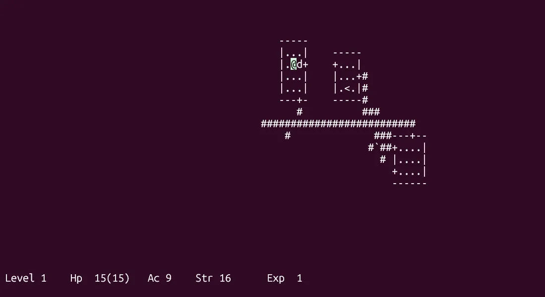 Giao diện game Hack của BSD, một roguelike cổ điển, hiển thị trong terminal.