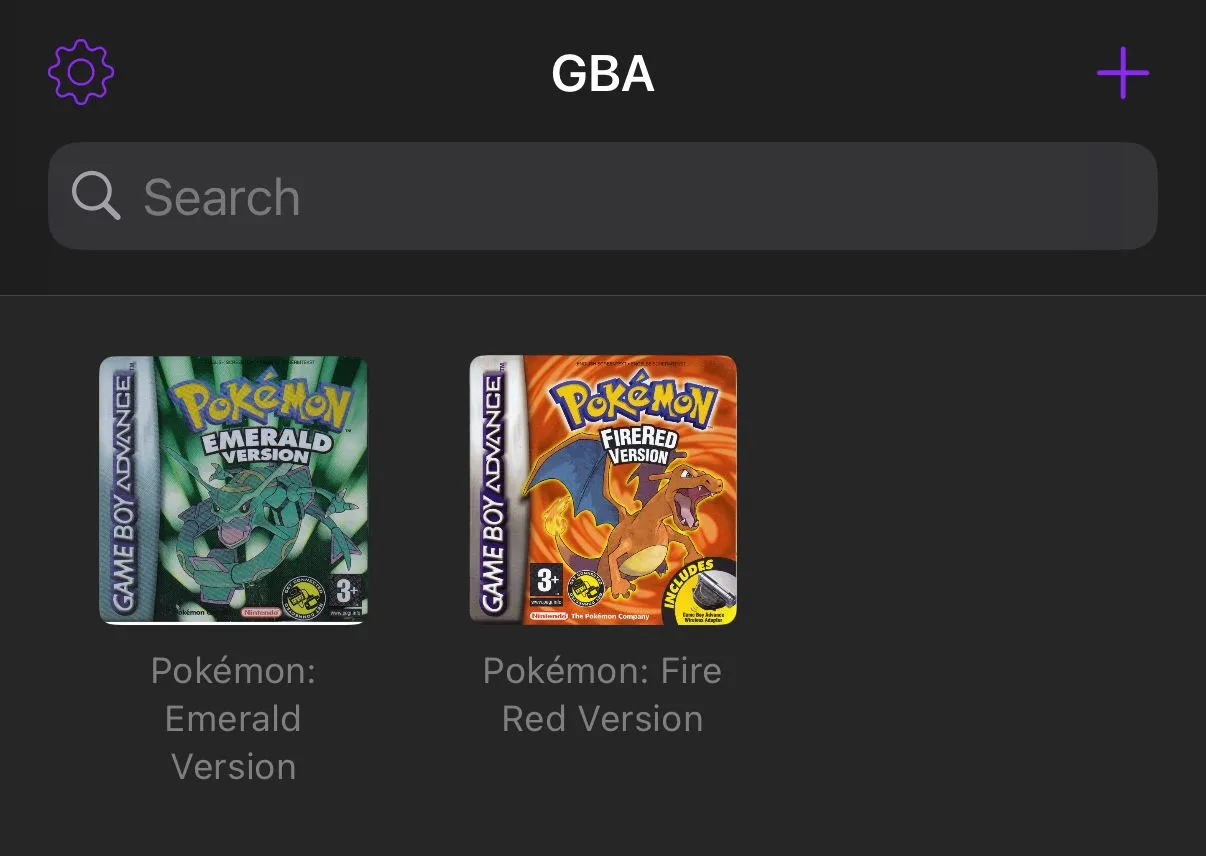 Giao diện giả lập Delta trên điện thoại, hiển thị danh sách các file ROM game Pokémon sẵn sàng để chơi.
