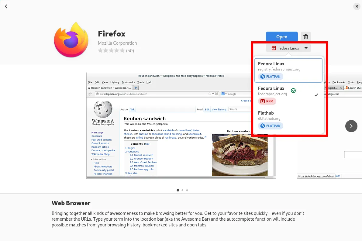 Giao diện GNOME Software trên Fedora hiển thị ba kho lưu trữ để cài đặt phần mềm, bao gồm hỗ trợ Flatpak