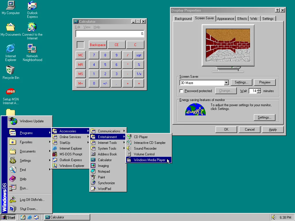Giao diện hệ điều hành Windows 98 cổ điển đang được khám phá trên trình duyệt OldWeb.Today