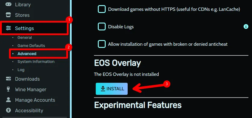 Giao diện Heroic Games Launcher, các vùng được làm nổi bật quanh nút &quot;Settings&quot;, &quot;Advanced&quot; và &quot;Install&quot; cho EOS Overlay, hướng dẫn cài đặt lớp phủ.