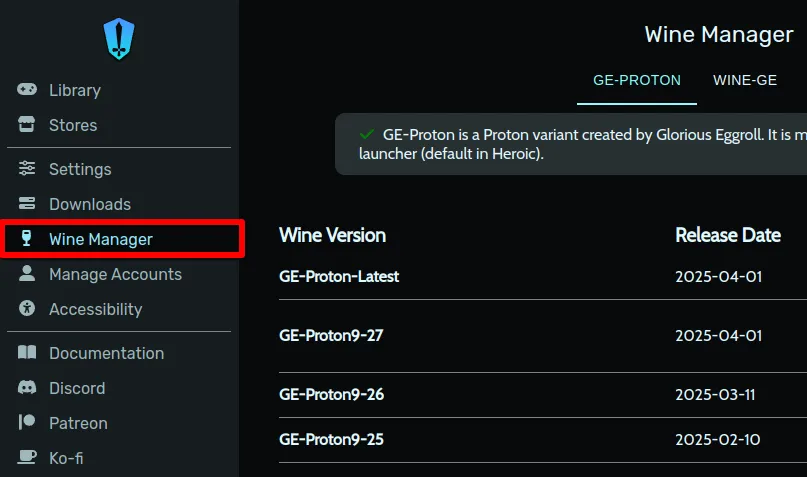 Giao diện Heroic Games Launcher với hộp màu đỏ làm nổi bật tùy chọn &quot;Wine Manager&quot; trong menu bên trái, chỉ dẫn người dùng truy cập.