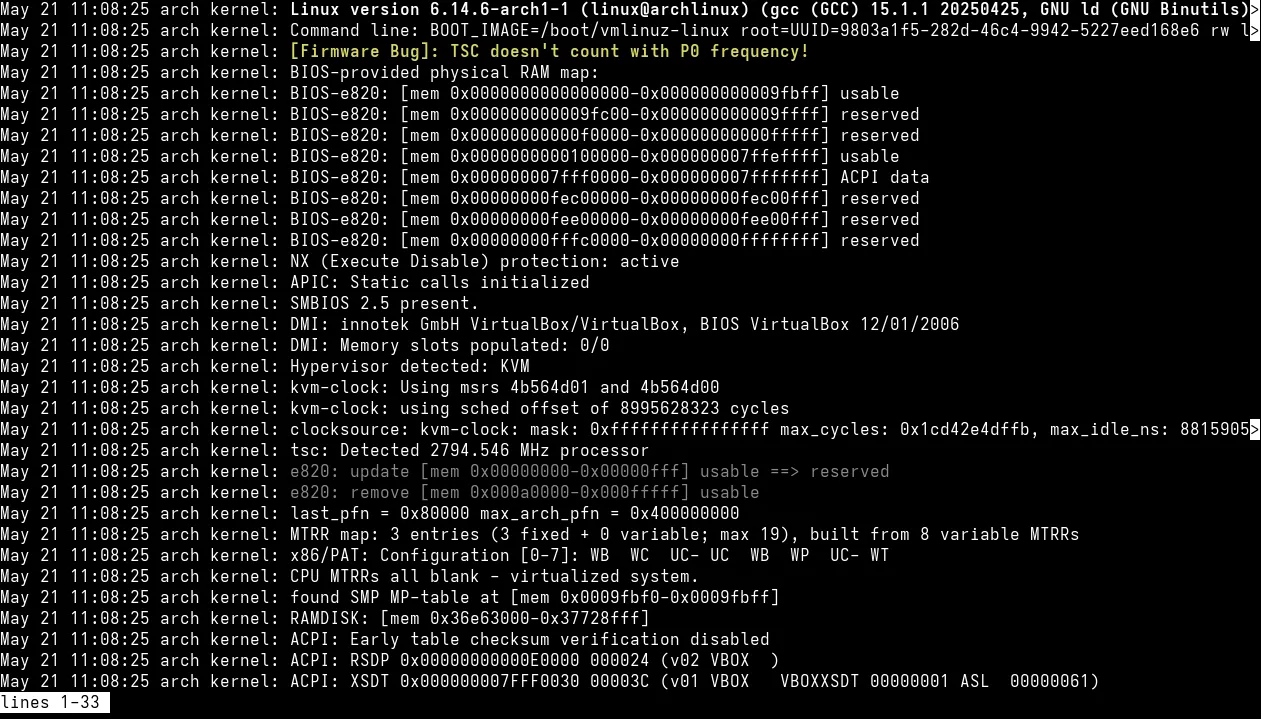 Giao diện hiển thị nhật ký hệ thống Linux với lệnh journalctl của systemd