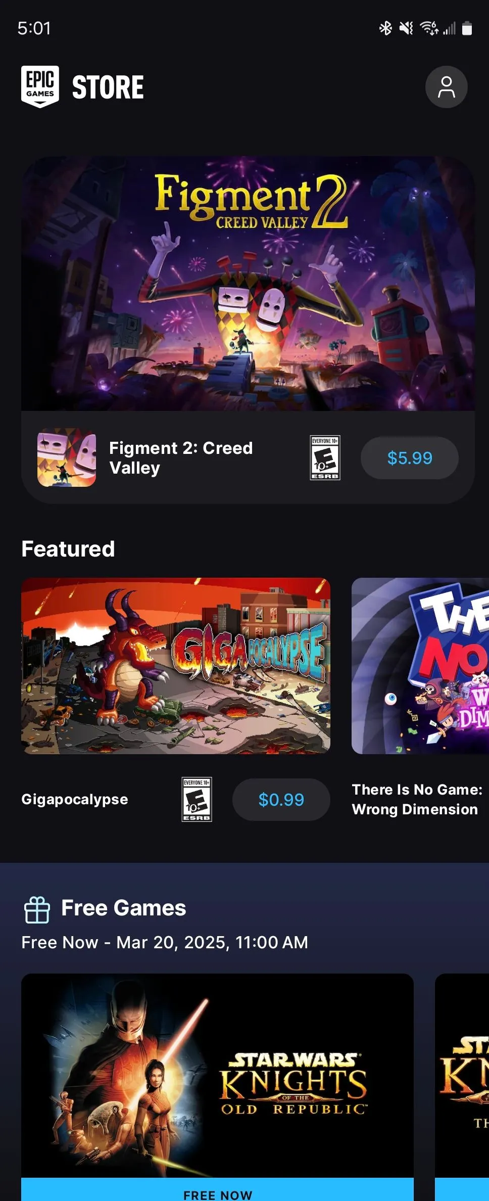 Giao diện màn hình chính của Epic Games Store trên Android