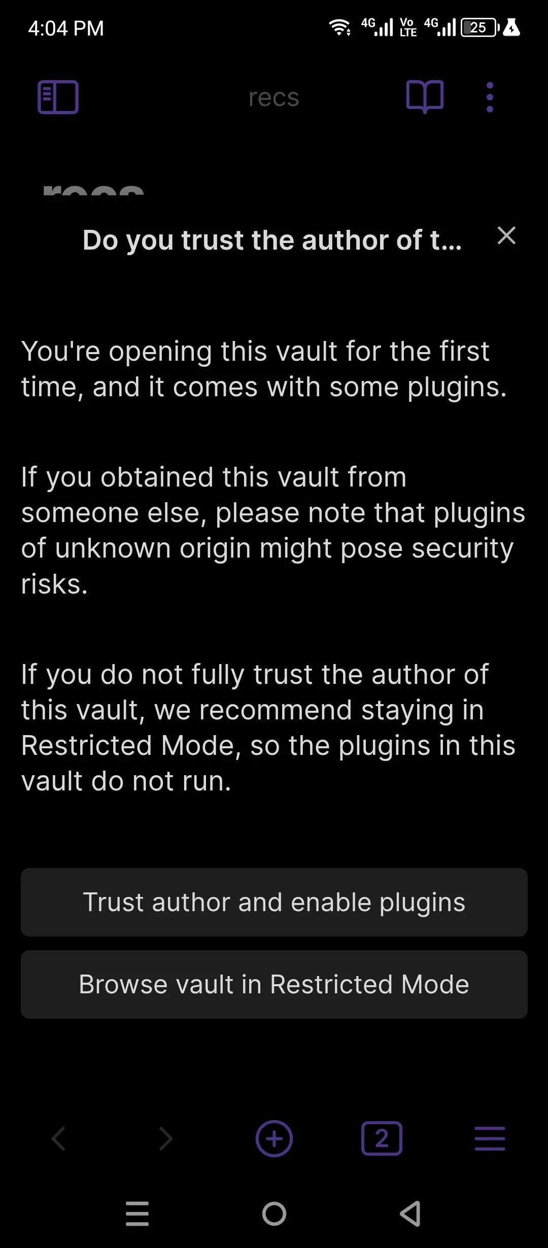 Giao diện Obsidian trên điện thoại Android, chọn thư mục DriveSyncFiles để tải vault đã đồng bộ từ Google Drive.