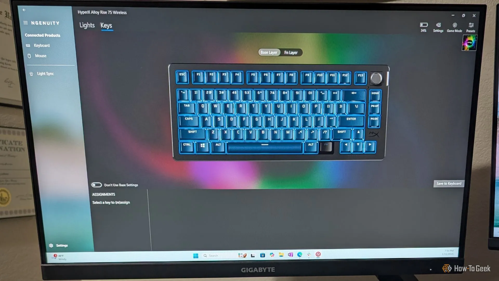 Giao diện phần mềm HyperX NGENUITY cho phép tùy chỉnh các cài đặt và hiệu ứng đèn RGB của bàn phím Alloy Rise 75