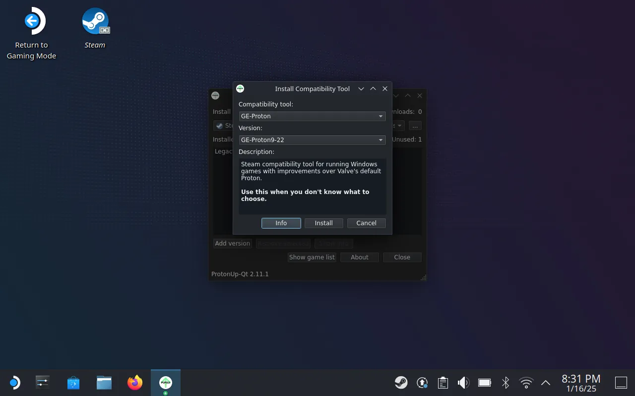 Giao diện ProtonUp-Qt trên SteamOS, cho phép cài đặt các phiên bản GE-Proton