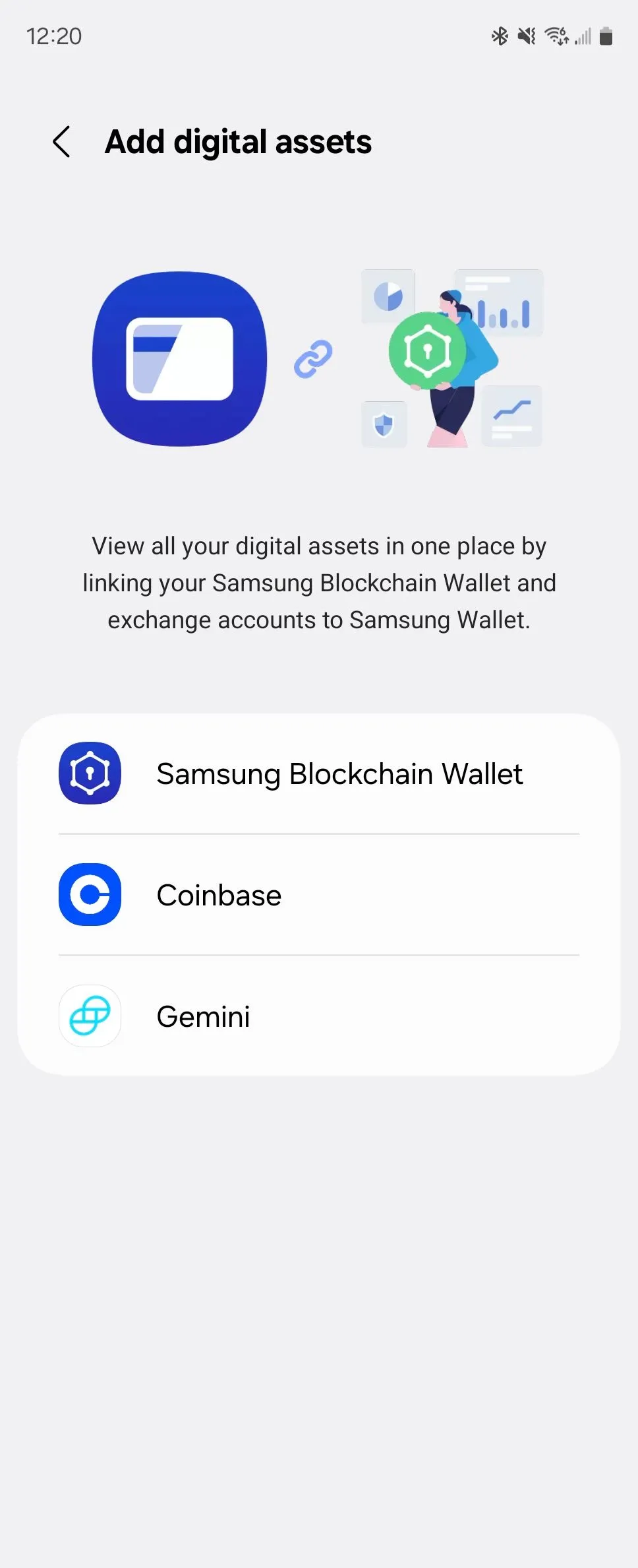 Giao diện Samsung Wallet giới thiệu khả năng lưu trữ tài sản kỹ thuật số, bao gồm tiền mã hóa như Bitcoin.