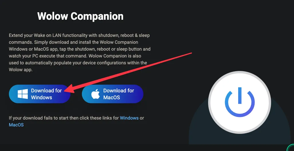 Giao diện tải ứng dụng Wolow Companion cho máy tính Windows.