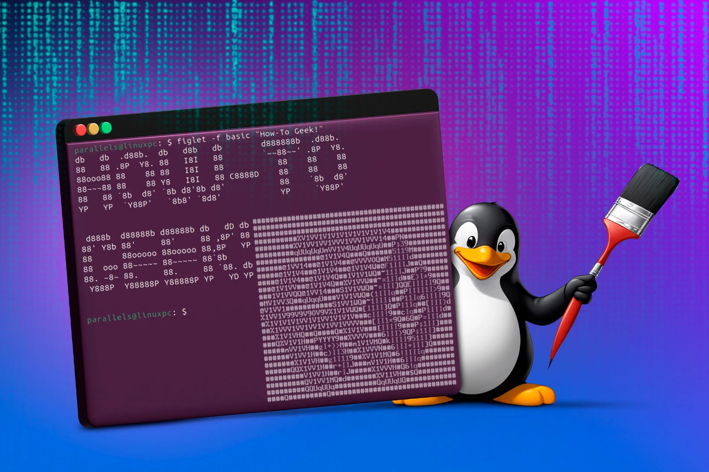 Giao diện terminal Linux với linh vật Tux cầm cọ vẽ, thể hiện khả năng tùy biến desktop không giới hạn trên Linux.