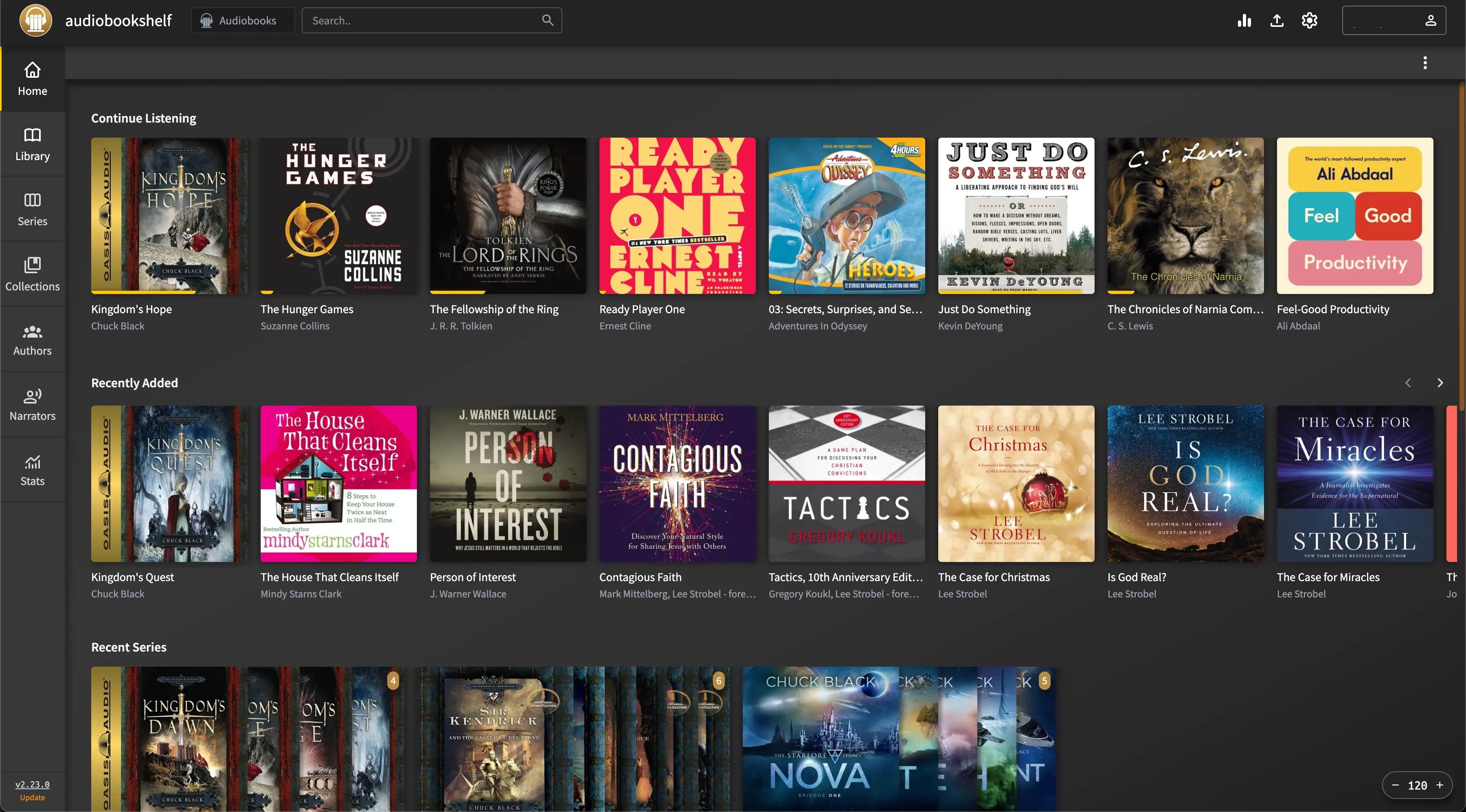 Giao diện trực quan của AudioBookshelf hiển thị sách đang nghe, mới thêm và các bộ truyện.