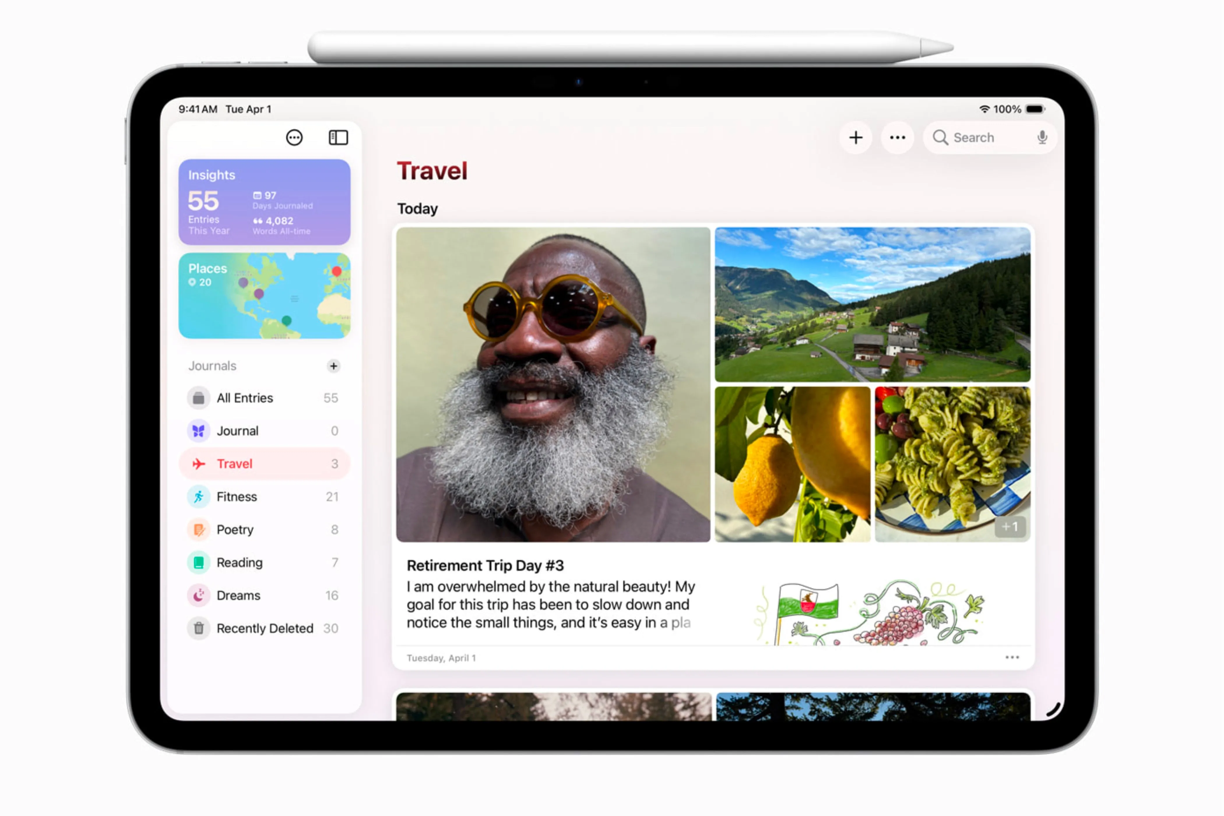 Giao diện ứng dụng Journal của Apple đang hoạt động trên iPad, minh họa khả năng ghi nhật ký trên màn hình lớn với iPadOS 26