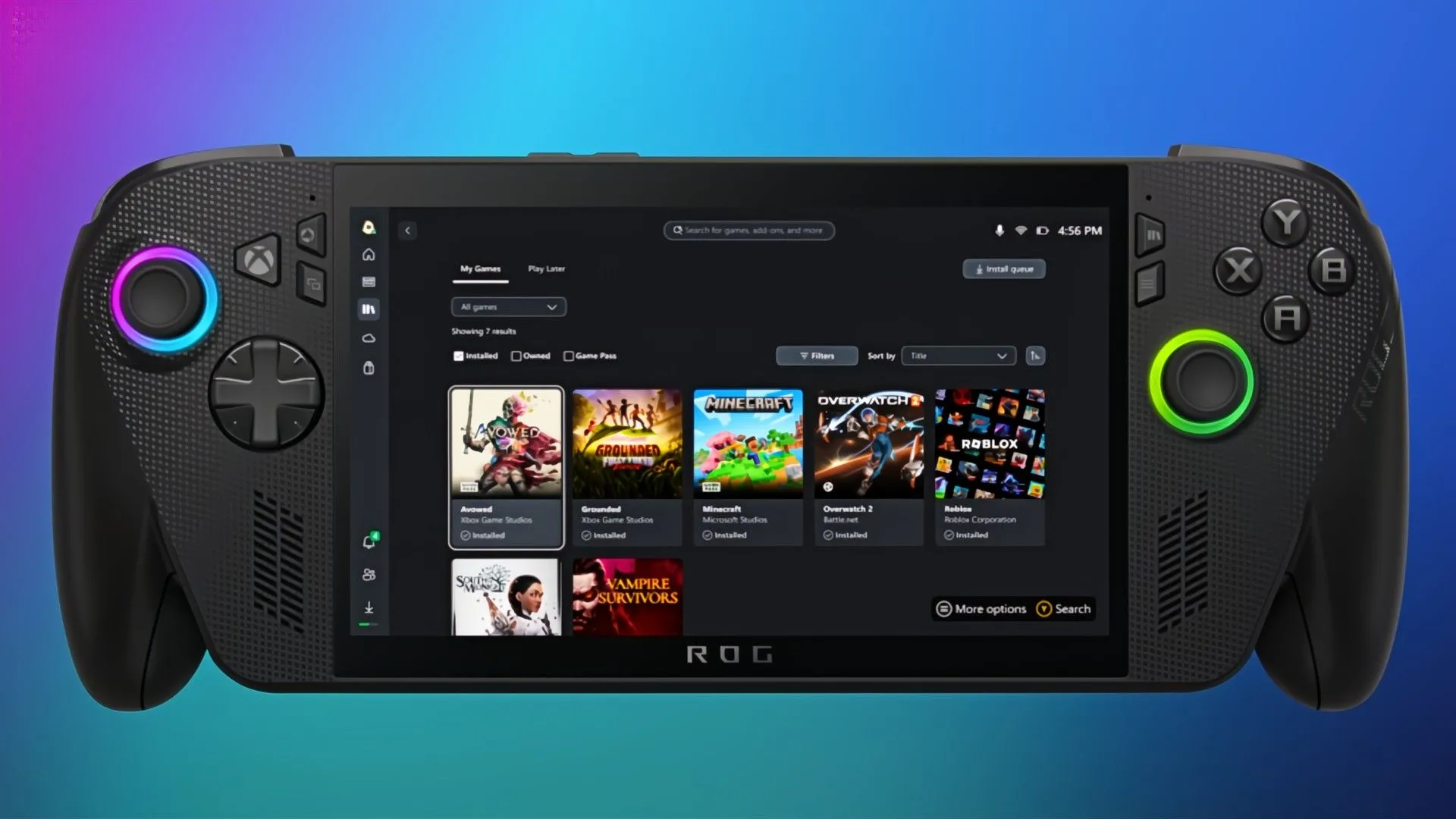 Giao diện ứng dụng Xbox trên thiết bị cầm tay ROG Ally, hiển thị thư viện game tổng hợp Steam và Battle.net
