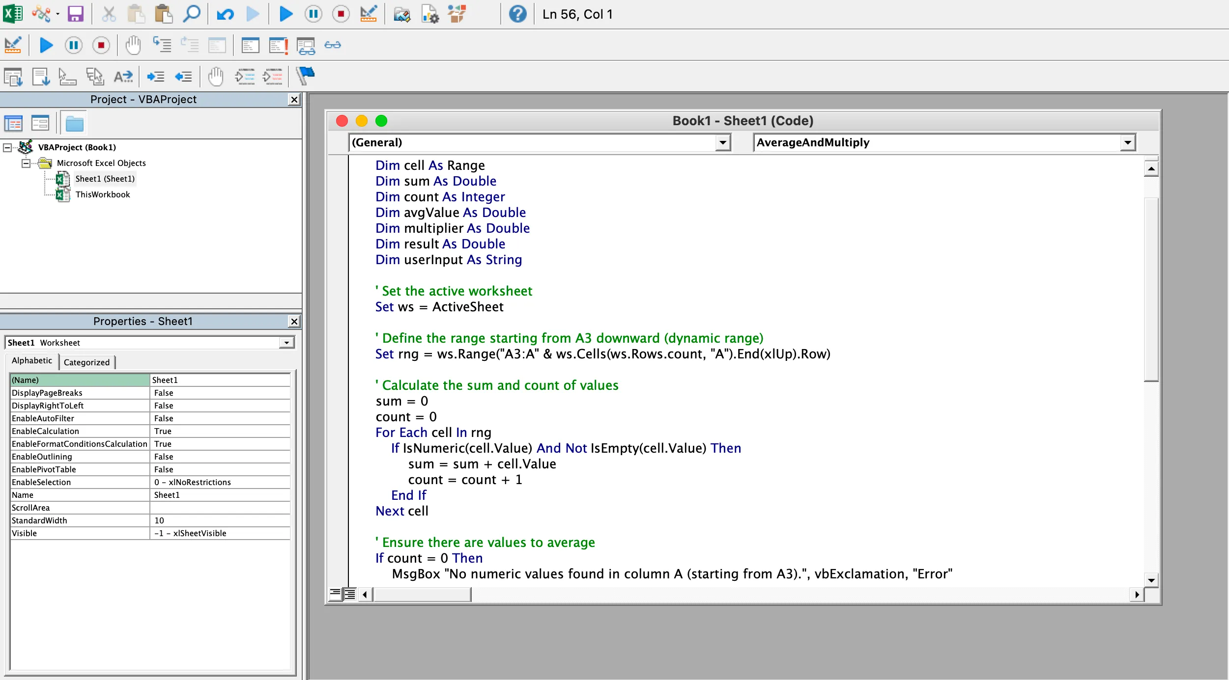 Giao diện Visual Basic Editor (VBA) trong Excel, cho phép phát triển các kịch bản tự động hóa phức tạp.