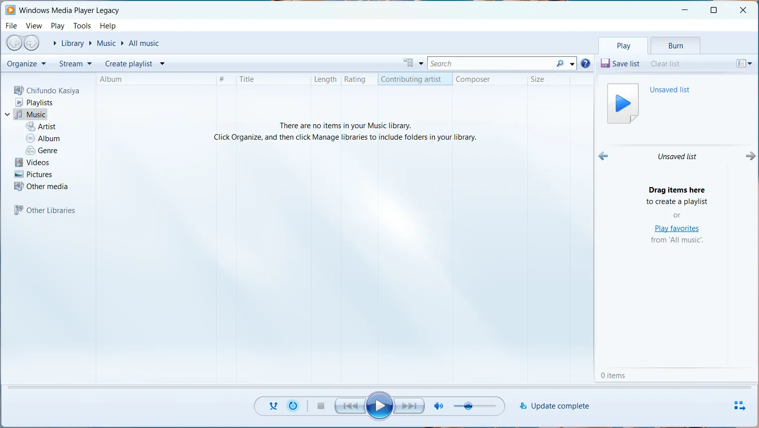 Giao diện Windows Media Player Legacy trên Windows 11, một trình phát nhạc cổ điển.