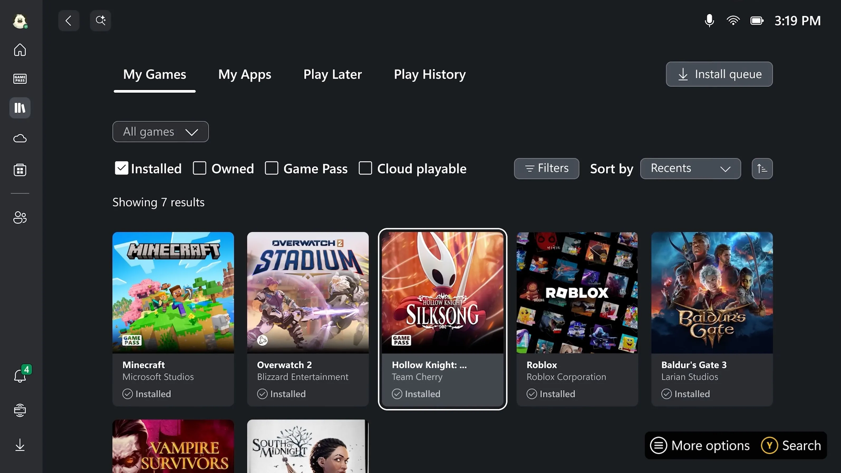 Giao diện Windows Xbox Dashboard được cải tiến, hiển thị các tựa game và tùy chọn điều hướng bằng tay cầm.
