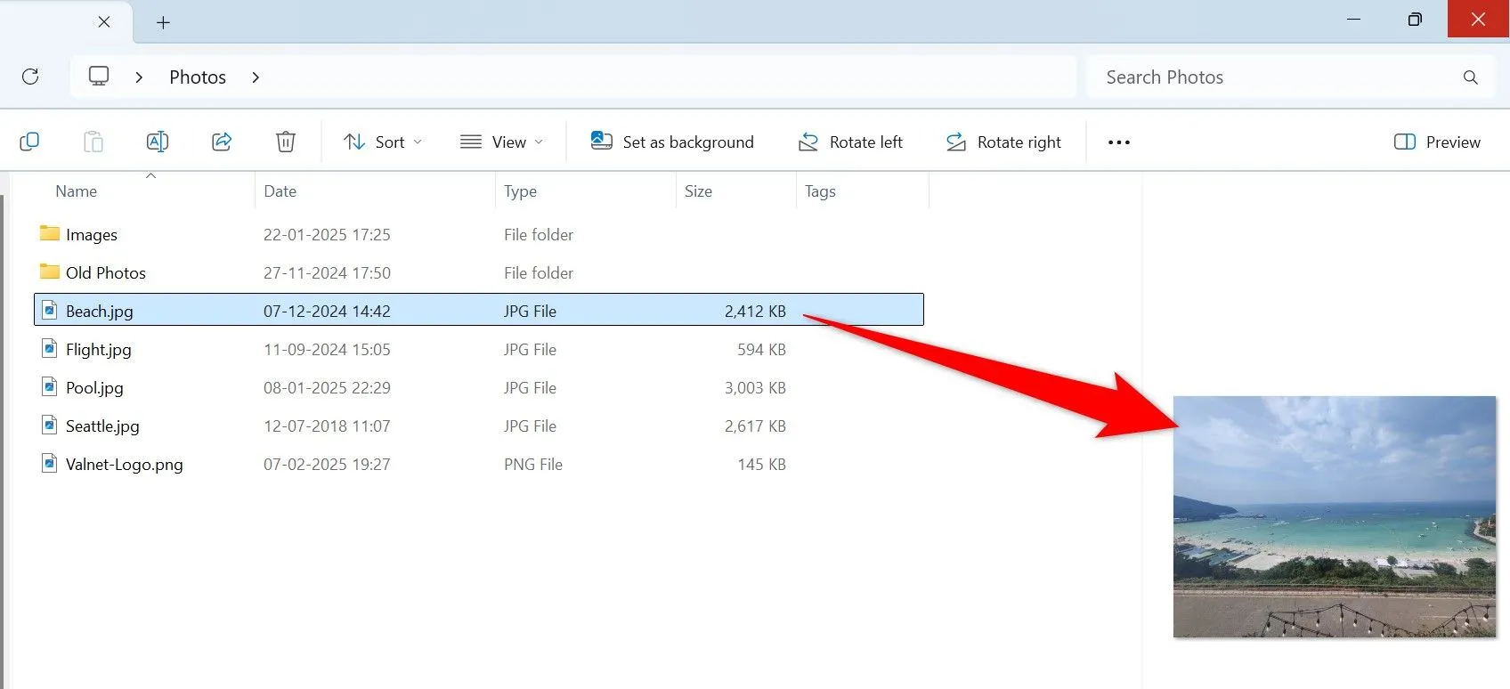 Giao diện xem trước file ảnh trong Preview Pane của File Explorer trên Windows 11
