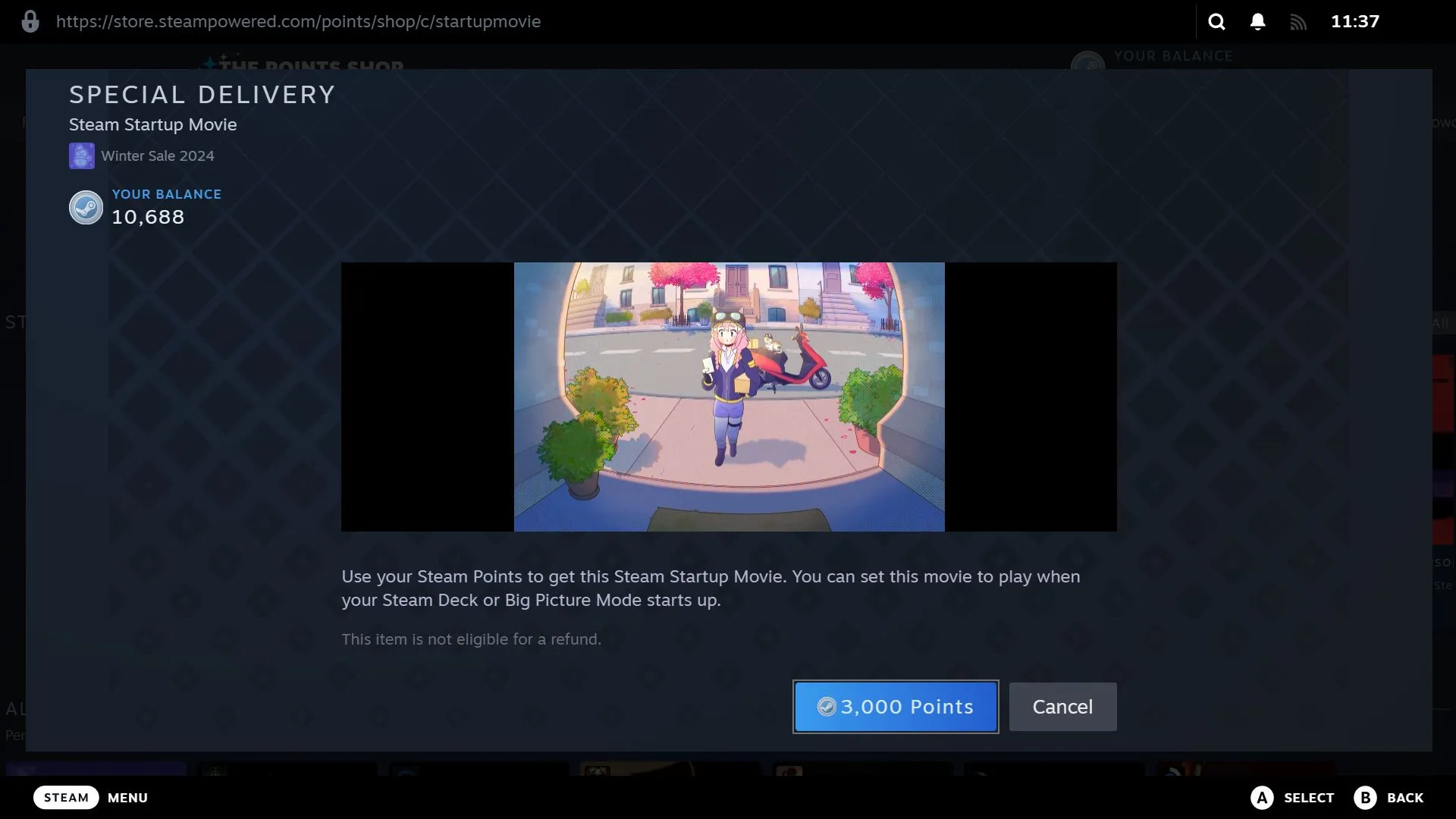 Giao diện xem trước video khởi động Steam trong Cửa hàng Điểm, hiển thị nút mua bằng 3000 điểm.