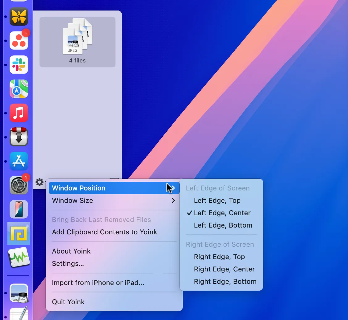 Giao diện Yoink trên macOS, hiển thị một kệ chứa các tệp tin, hình ảnh và văn bản đang được kéo thả hoặc lưu trữ tạm thời.