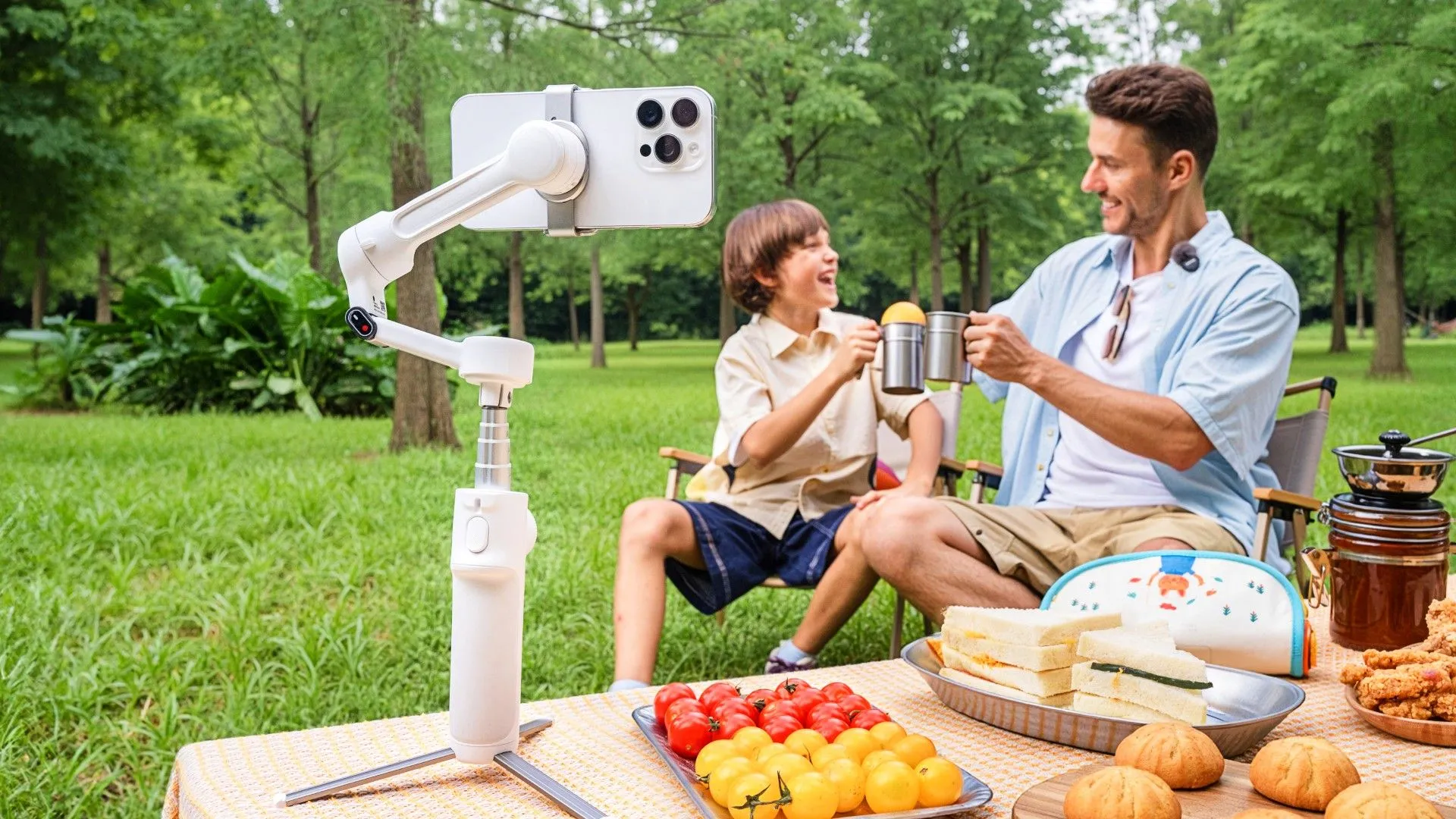 Gimbal Insta360 Flow 2 đang giữ điện thoại, hướng về cảnh cha và con trai cắm trại, minh họa tính năng ổn định video