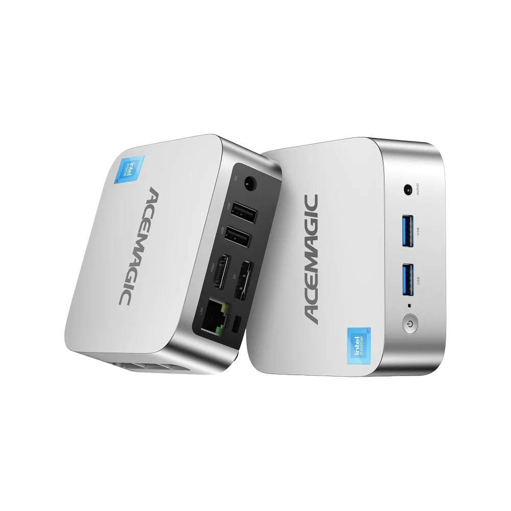 Hai chiếc Mini PC ACEMAGIC Vista V1 đặt cạnh nhau, thể hiện kích thước nhỏ gọn và thiết kế đơn giản nhưng hiệu quả.